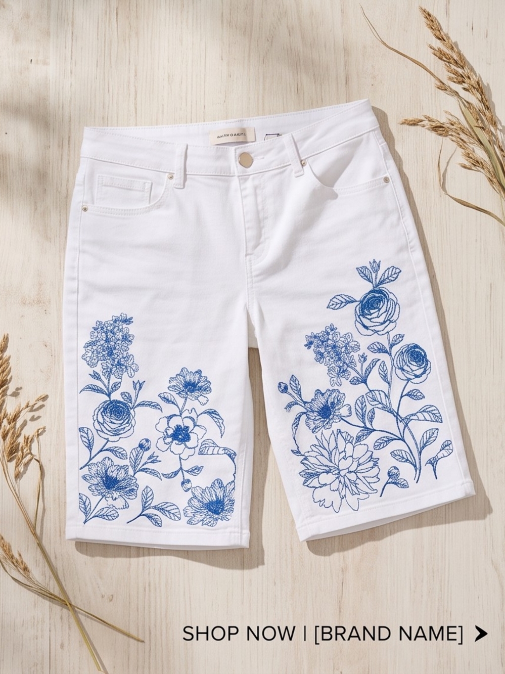 DG2 by Diane Gilman White Denim Bermuda Shorts with Blue Floral Embroidery - Picture 8 of 9